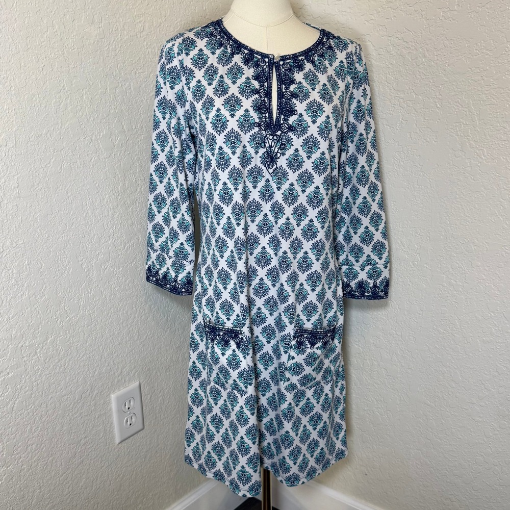 Swim Cover Up Dress Cabana Life M Blue White Embroidered Coastal Resort Beach